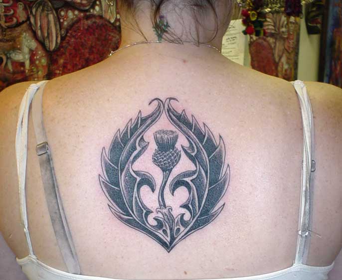 Scottish National Flower Symbol Tattoo On Upper Back