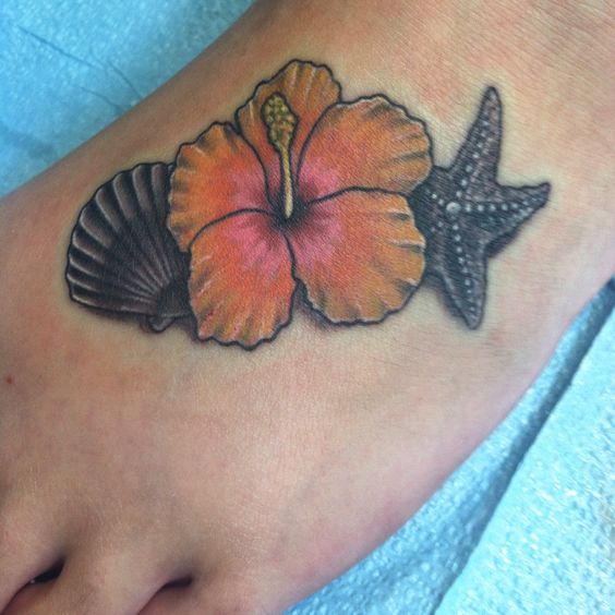 Seashell Starfish And Hibiscus Tattoo On Foot