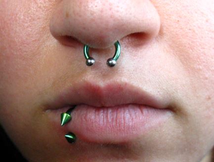 Septum And Side Labret Piercing With Green Spike Circular Barbell