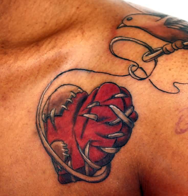 Sewing Bird Red Heart Tattoo For Men