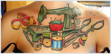 Sewing Machine Spool And Scissor Tattoo On Chest
