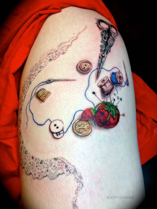 Sewing Needle With Buttons Tattoo On Right Shoulder