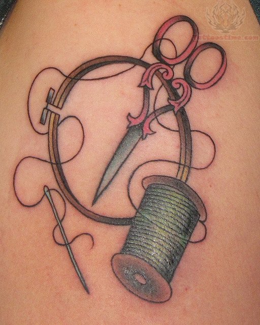 Sewing Spool Scissor And Needle Tattoo