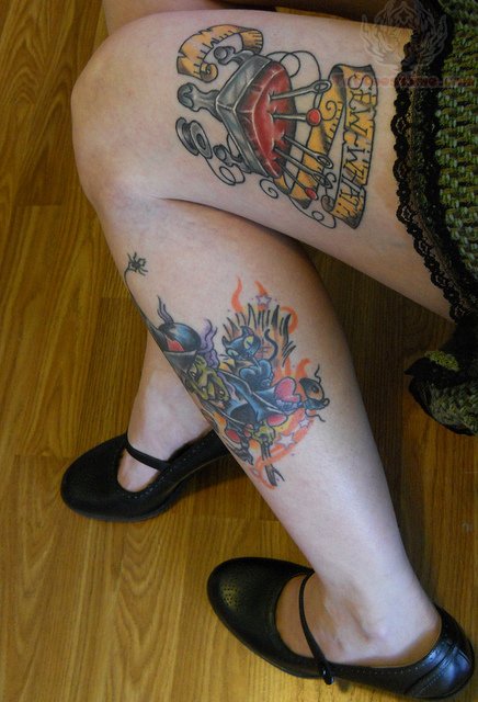 Sewing Tattoo On Girl Thigh And leg