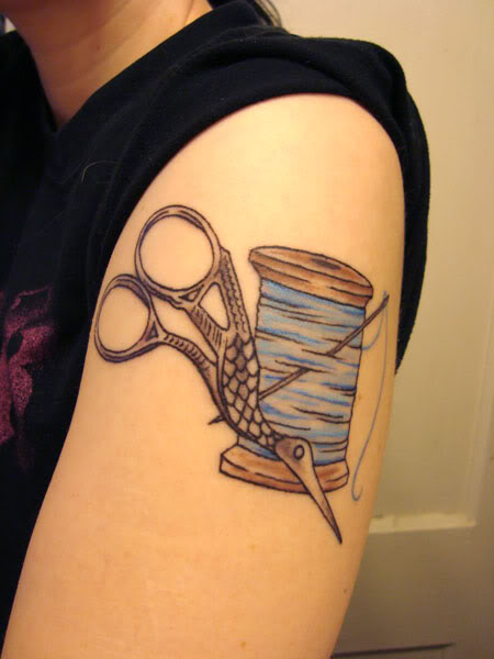 Sewing Tattoo On Left Shoulder By Kitmcsmash