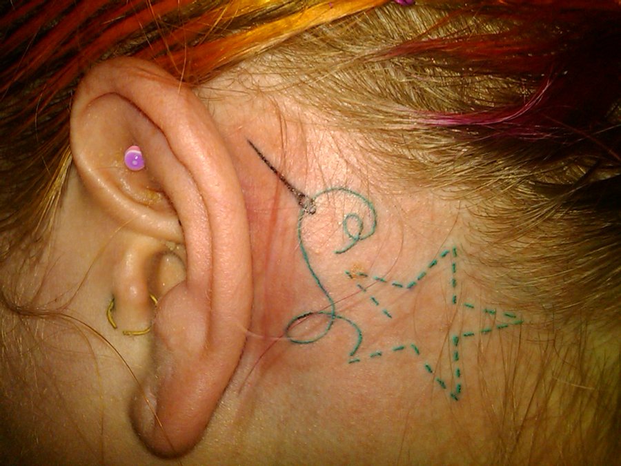 Sewing Theme Star Tattoo On Behind Ear By Cultchylde