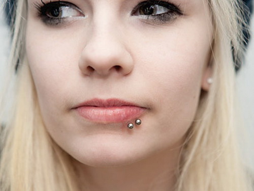 Side Labret Piercing With Double Silver Studs