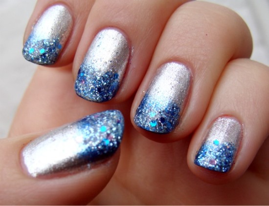 Silver And Blue Glitter Gradient Nail Art