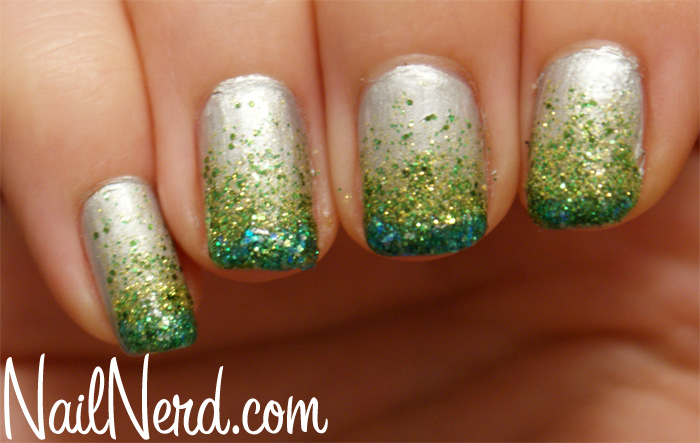 Silver And Green Glitter Gradient Nail Art