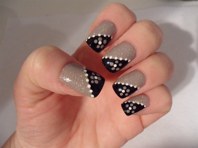 Simple Beige And Black Nails With Silver Dots Flower Nail Art
