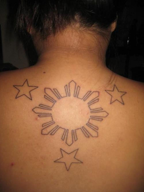 Simple Filipino Sun With Stars Tattoo On Upper Back