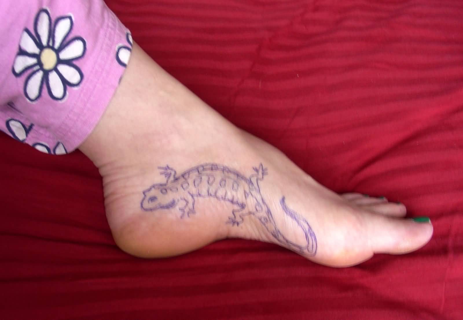 Simple Purple Salamander Tattoo On Girl Foot
