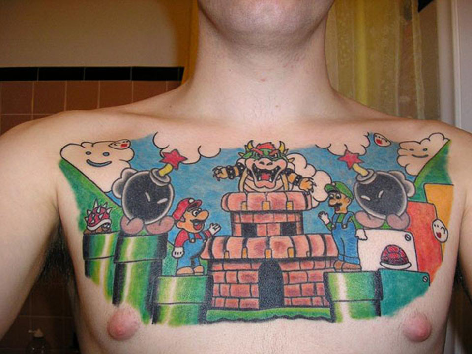Simple Super Mario Bros Tattoo On Chest