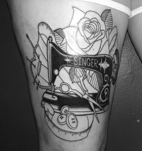 Singer Sewing Machine With Measure Tape Tattoo On Thigh