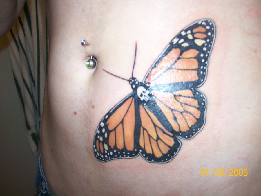 Skull Monarch Butterfly Tattoo Around Belly