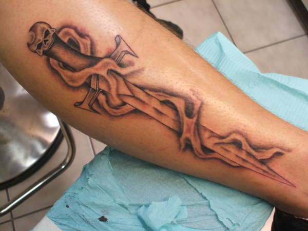 Skull Sharp Sword And Flame Tattoo On Arm Sleeve