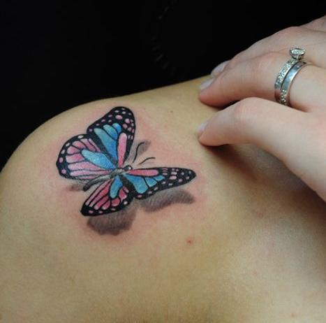 Small 3D Monarch Butterfly Tattoo On Girl Upper Shoulder