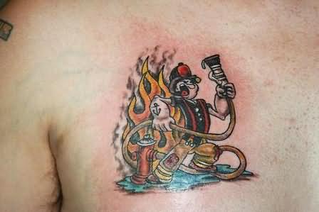 Small Popeye Fire And Flame Tattoo On Chest