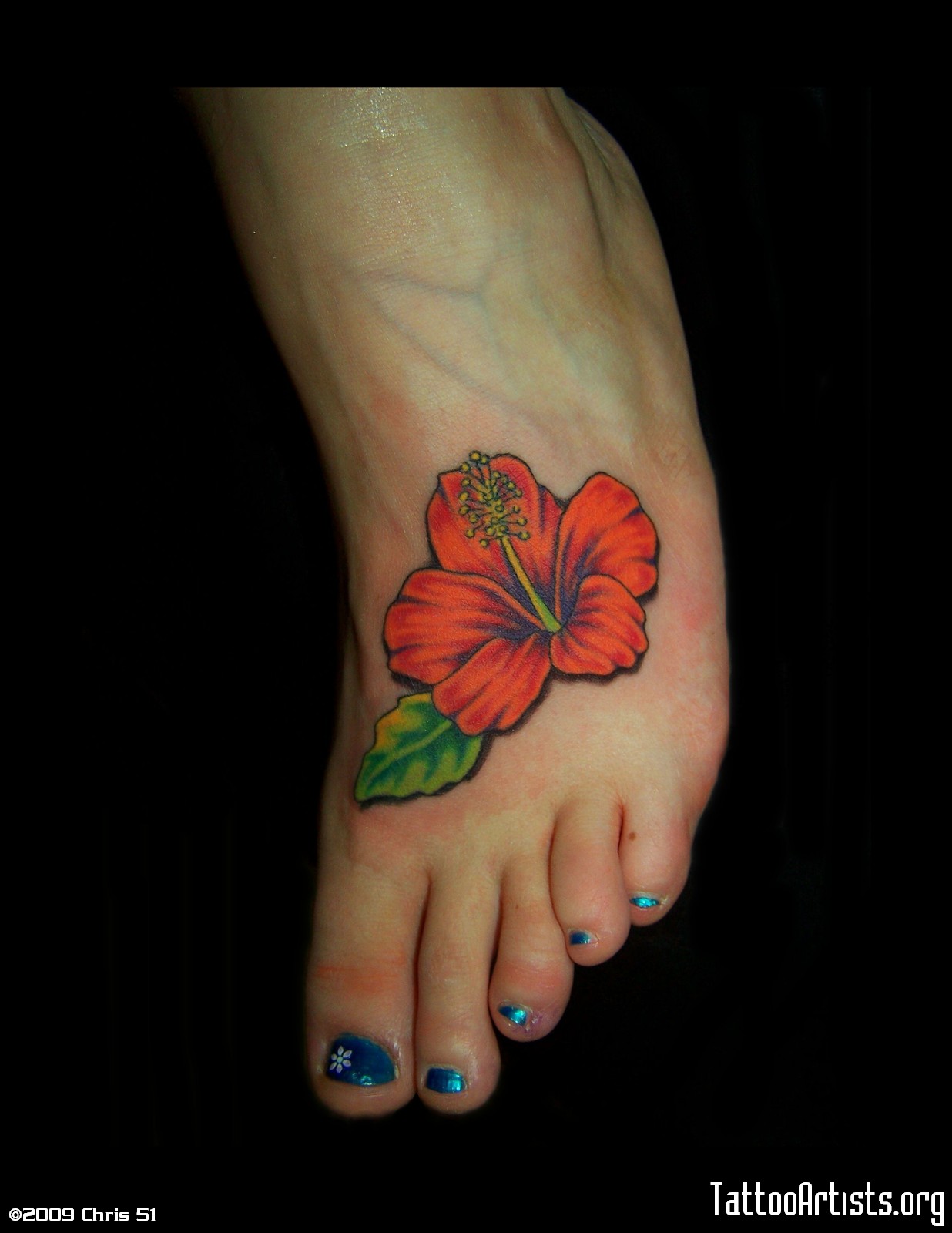 Small Red Hibiscus Tattoo On Foot For Girls