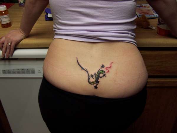 Small Salamander Tattoo On Lower Back For Women
