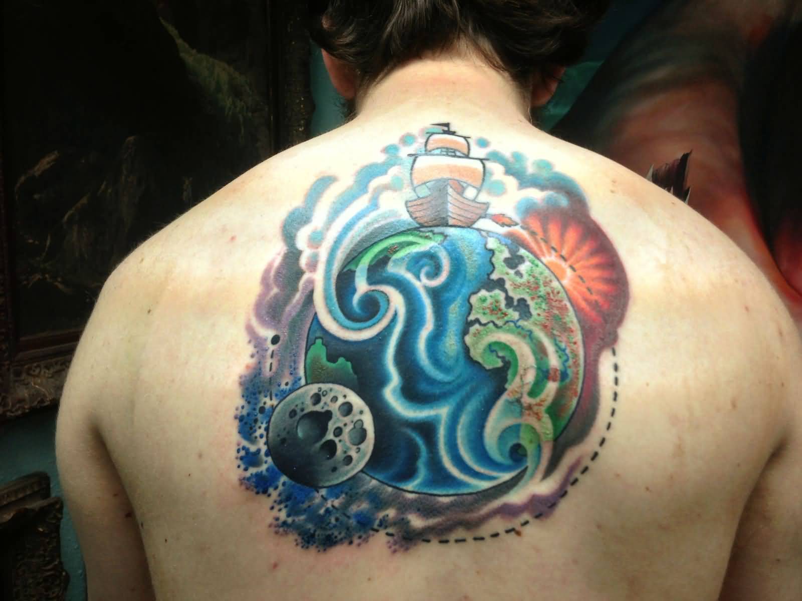 Space Scene Newtonian Physics Tattoo On Upper Back By Jeff Ensminger