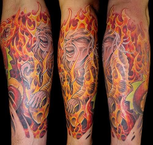 Star Fire And Flame Arm Sleeve Tattoo