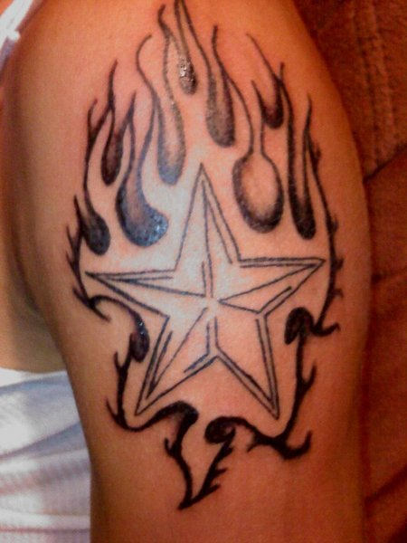 Star Flames Tattoo On Shoulder