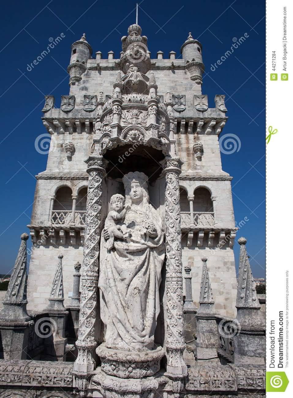 Statue Of St. Marry And Child At Belem Tower In Portugal