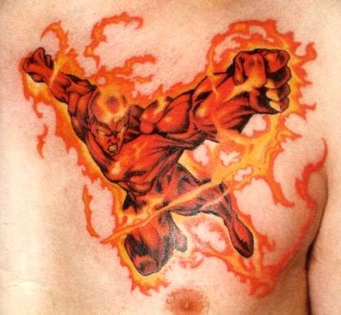 Super Villain Flame Tattoo On Chest
