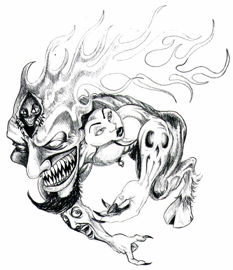 Terrific Flaming Demon Tattoo Stencil