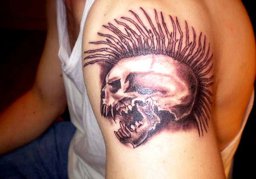 Terrific Grey Punk Skull Tattoo On Shoulder For Men