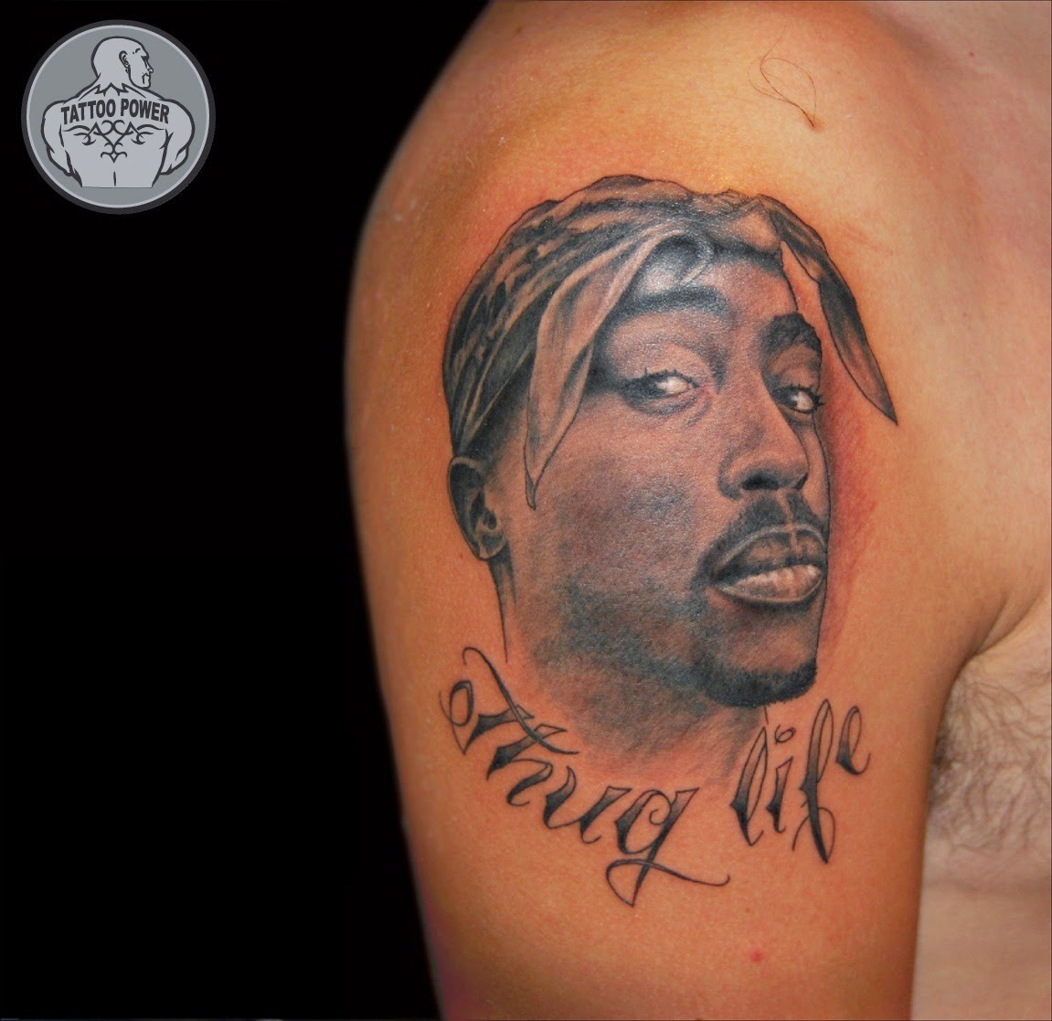 Thug Life Portrait Tattoo On Right Shoulder