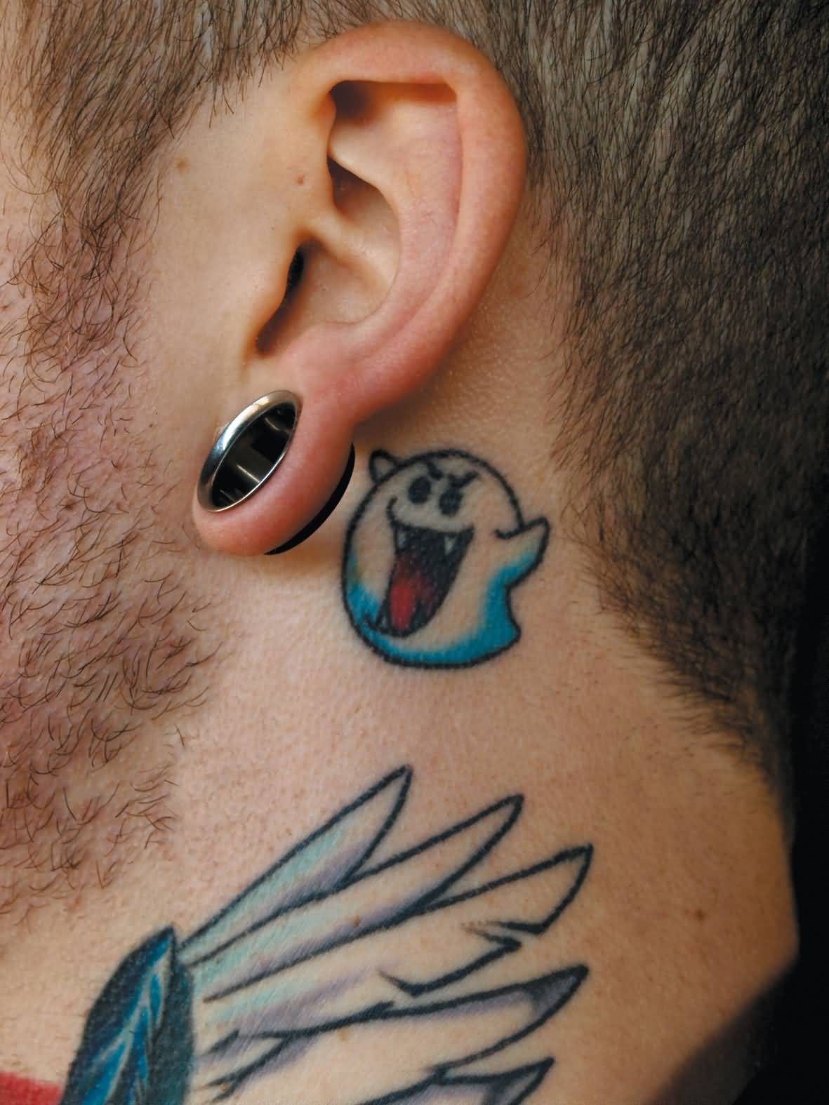 Tiny Boo From Super Mario Tattoo On Behind Ear