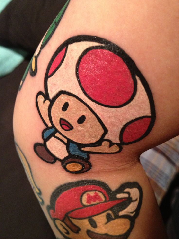 Toad Mushroom And Mario Tattoo On Sleeve