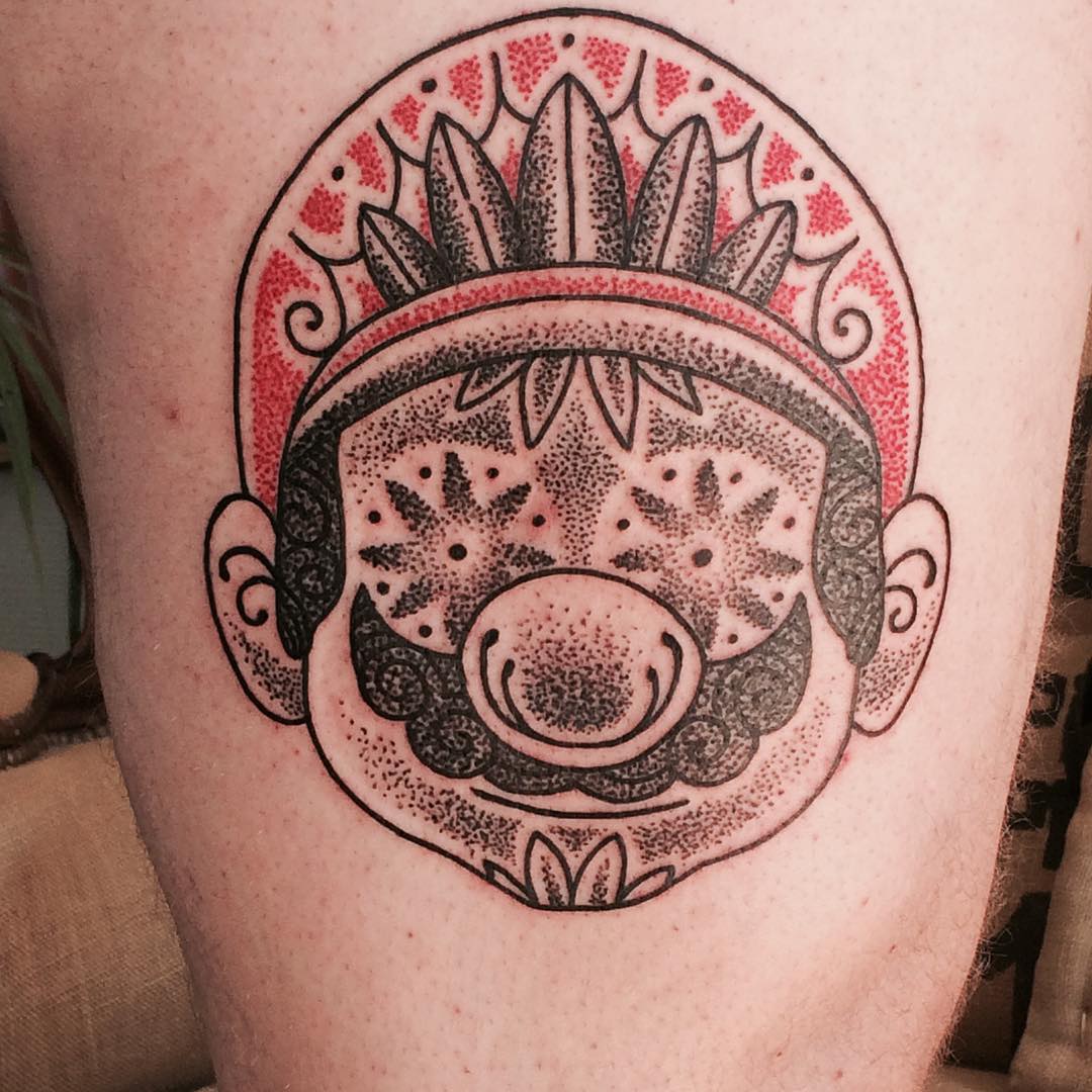 Traditional Dotwork Mario Face Tattoo