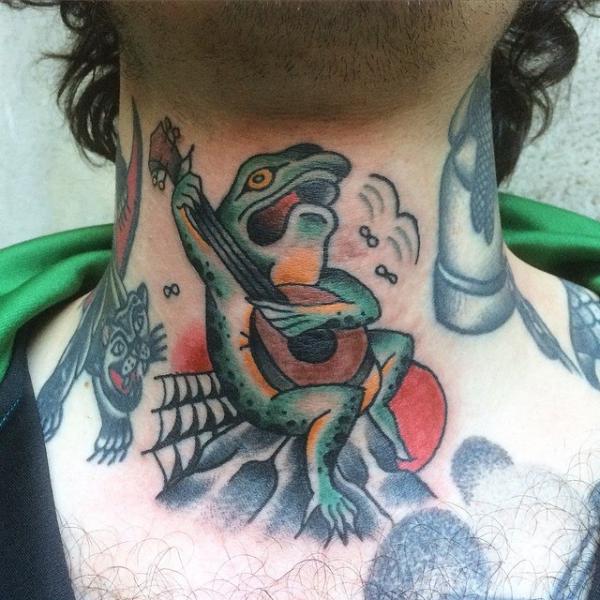 Traditional Frog Playing Guitar Tattoo On Neck