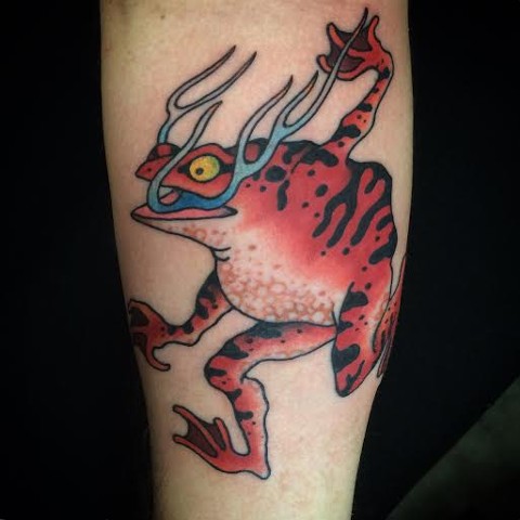 Traditional Red Frog Tattoo By Fran Massino