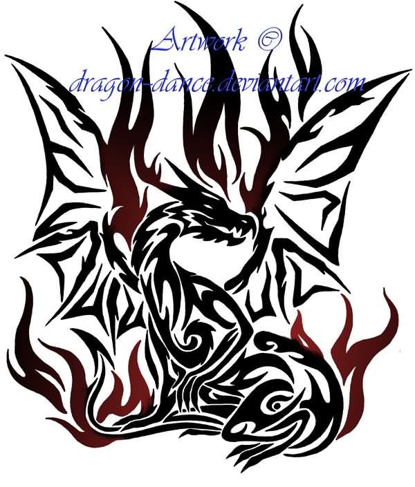 Tribal Dragon Fire And Flame Tattoo Design