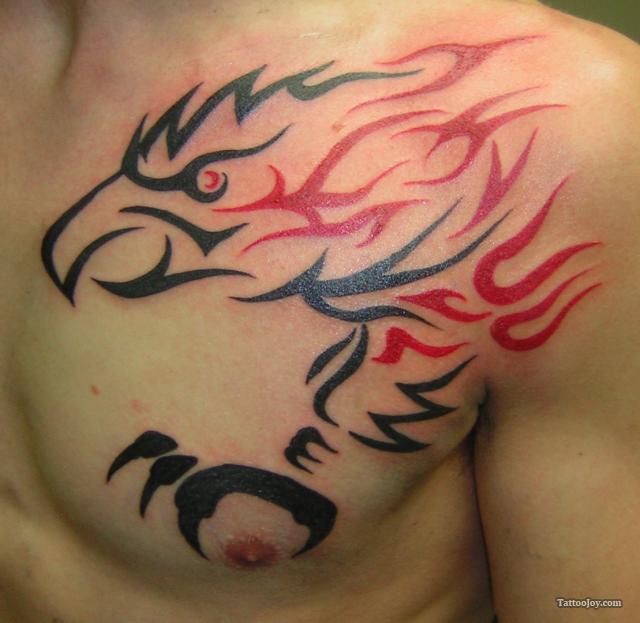 Tribal Eagle Flame Tattoo On Chest For Men
