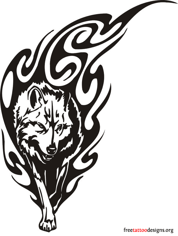 Tribal Wolf Fire And Flame Tattoo Stencil