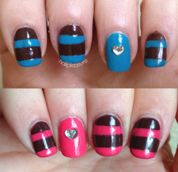 Two Beautiful  Brown Blue And Pink Stripes Design Nail Art