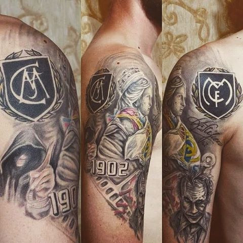 Unique Grey Ink Real Madrid Tattoo On Right Half Sleeve