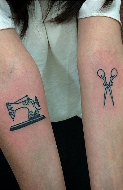 Vintage Sewing Machine And Scissor Tattoo On Both Forearms By Fernanda