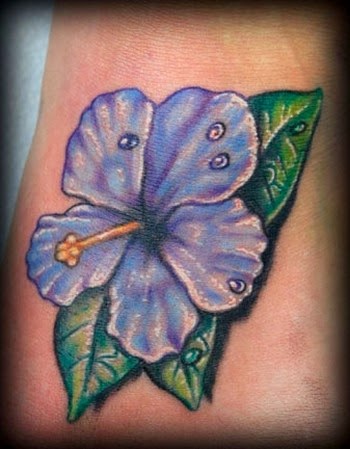 Water Drops On Hibiscus Tattoo On Foot