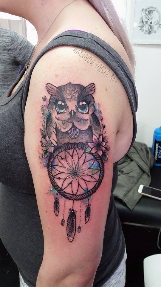 Watercolor Owl And Dreamcatcher Tattoo On Left Half Sleeve by Amanda Toner