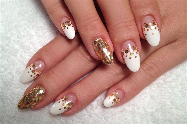 White And Gold Bling Nail Art
