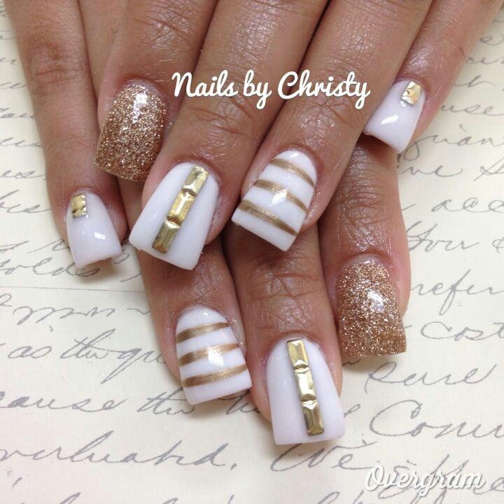 White And Gold Studs And Stripes Design Nail Art
