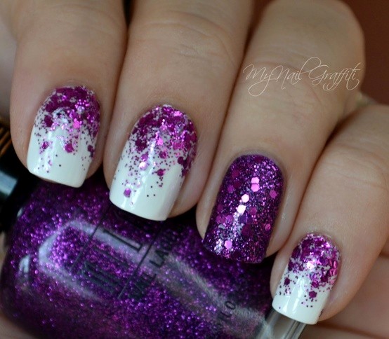 White And Purple Glitter Gradient Nail Art