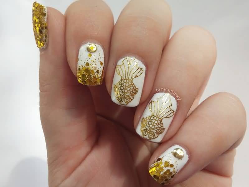 White Base Nails With Gold Stamping Design Nail Art