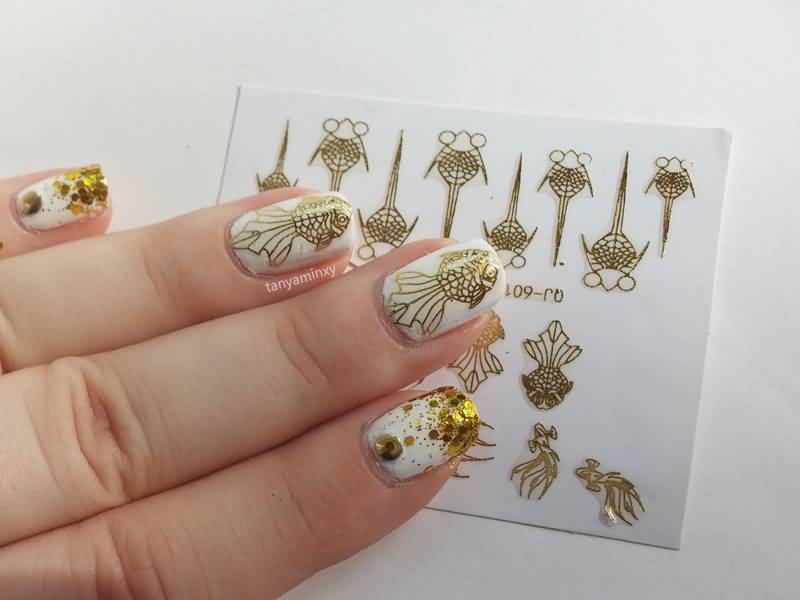 White Base Nails With Gold Stamping Design Nail Art
